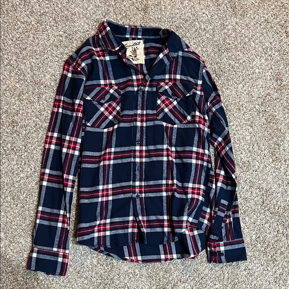 Men's Navy and Red Plaid Button Down Shirt